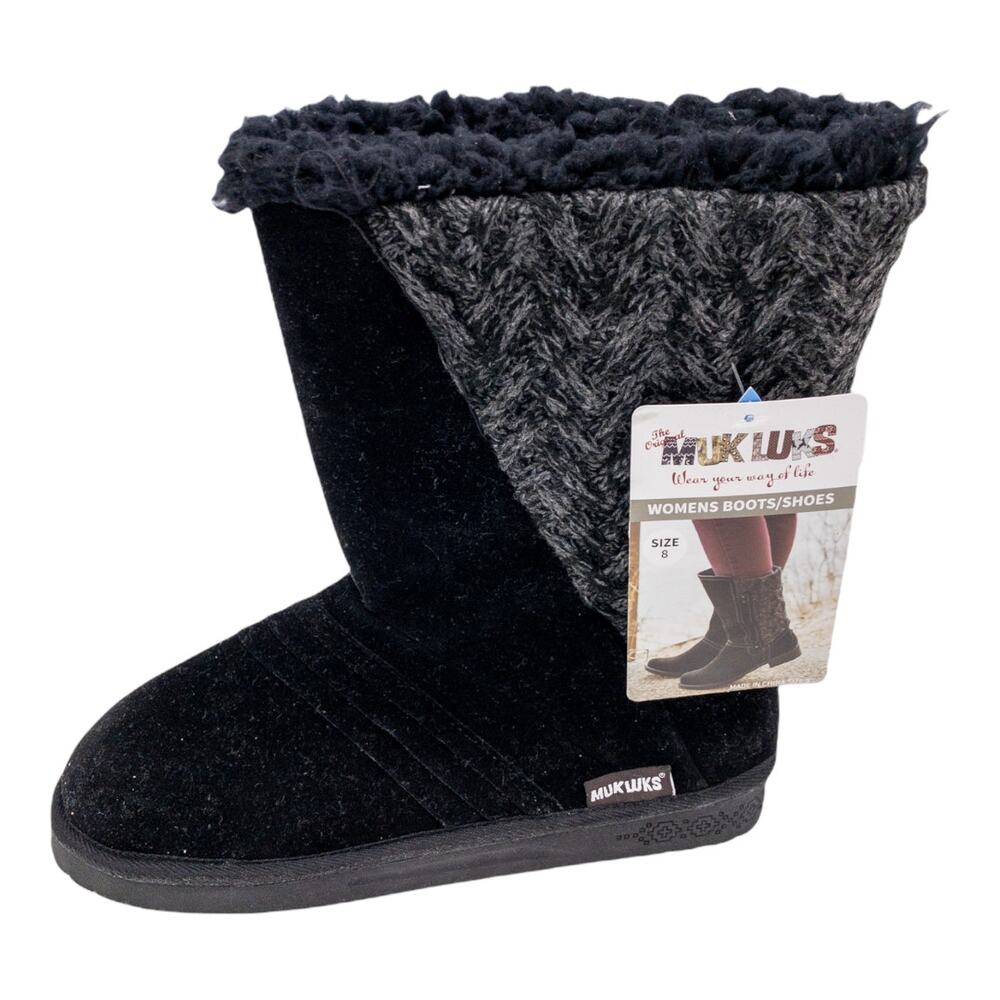 MUK LUKS Women's Boots size 8 Black Sarina Knit Panel Water Resistant Winter